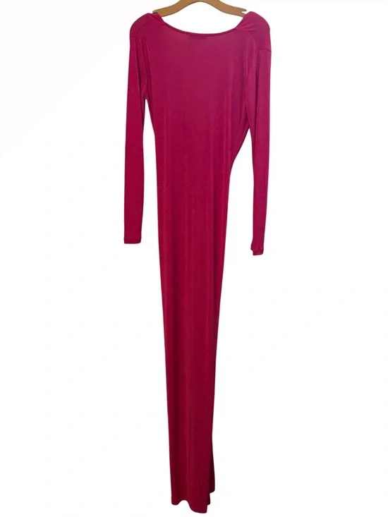 Mango Pink Deep V Twist Front Maxi Long Sleeve Bodycon Slit Dress - Picture 7 of 8